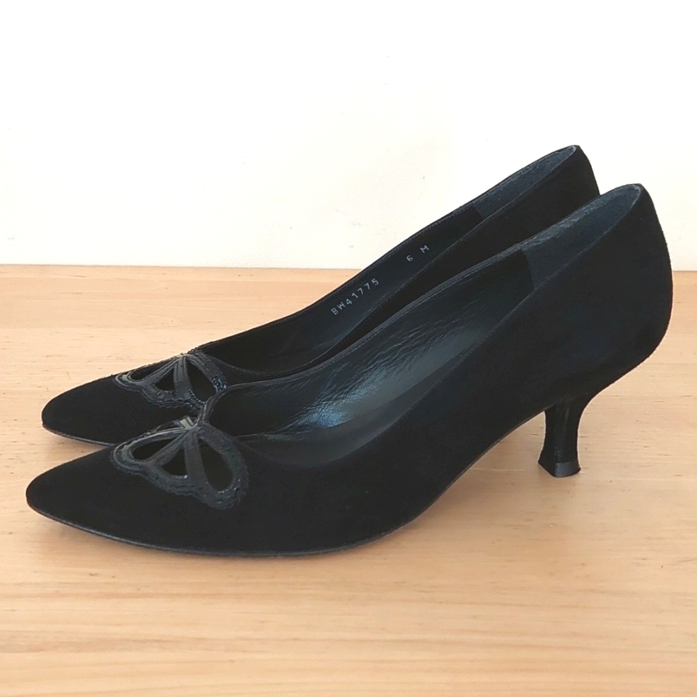 Stuart Weitzman Black Pointed Hollow Toe Low Heel Suede Shoes